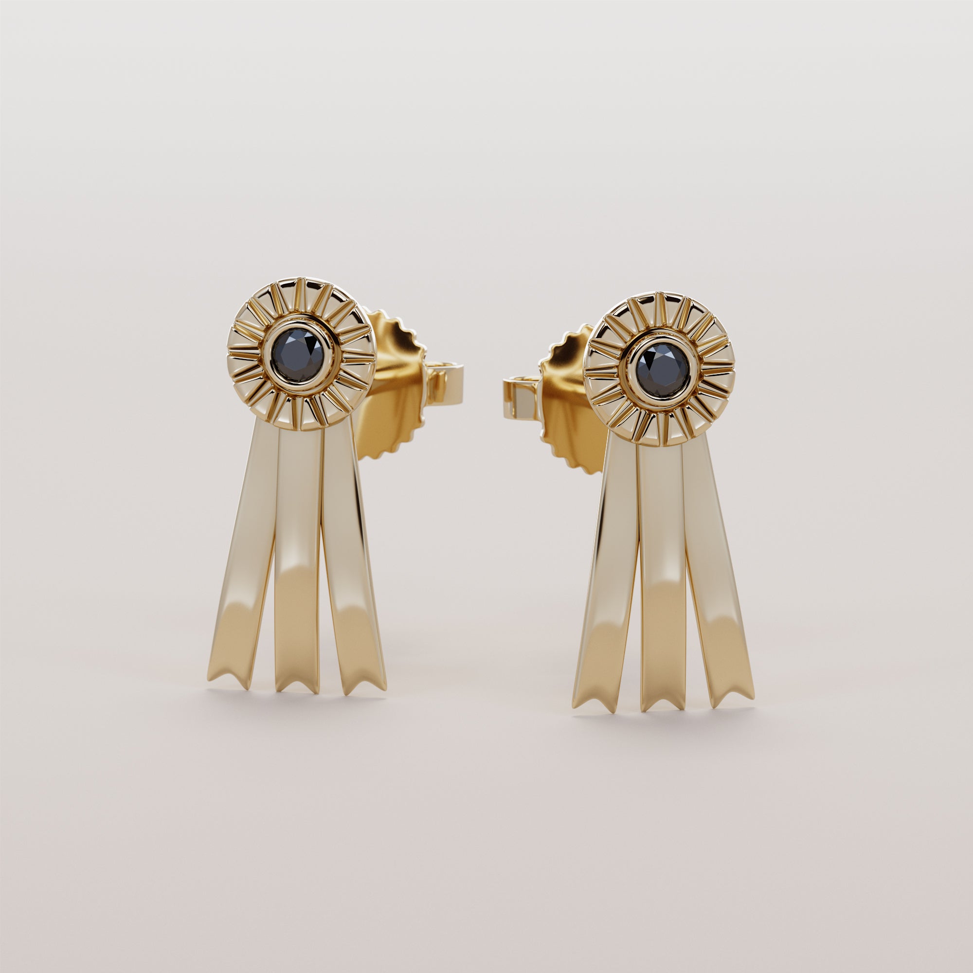 Rosette Earrings With Black Diamonds - Gold