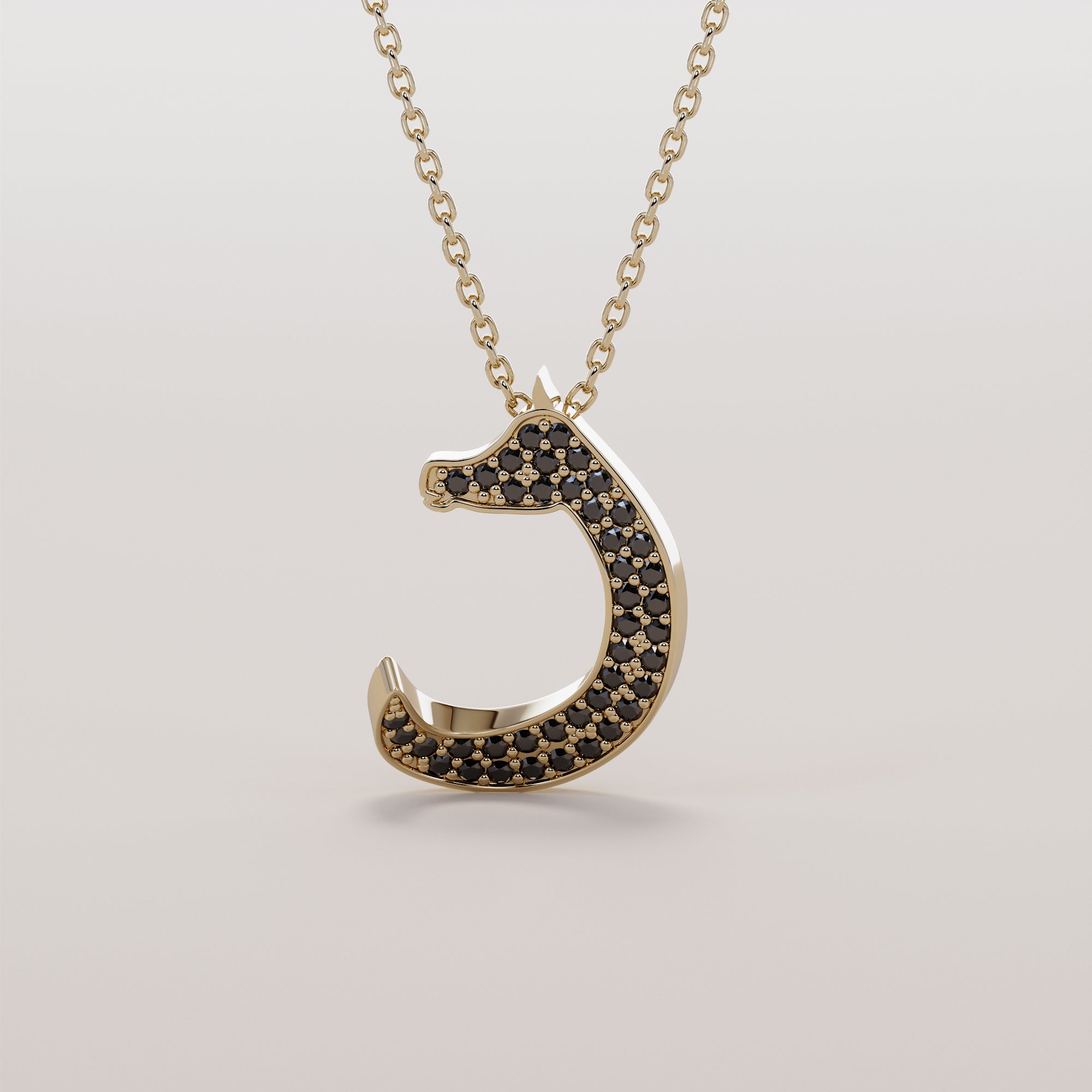 Horse Head And Neck Necklace With Black Diamonds - Gold