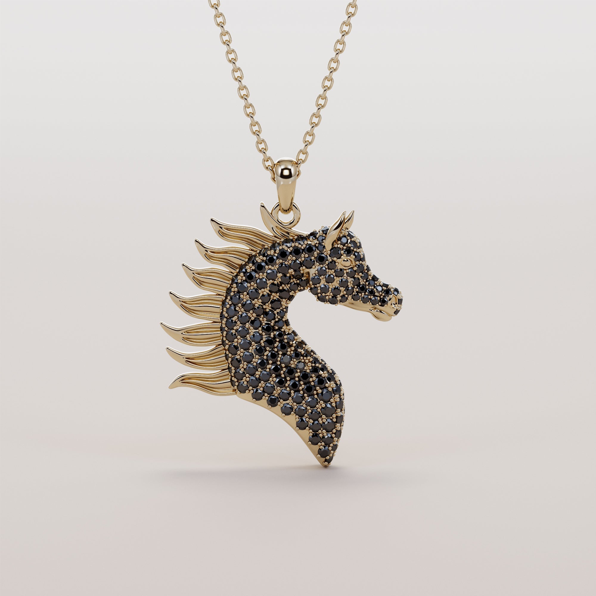 Horse Head Necklace And Mane With Black Diamonds - Gold