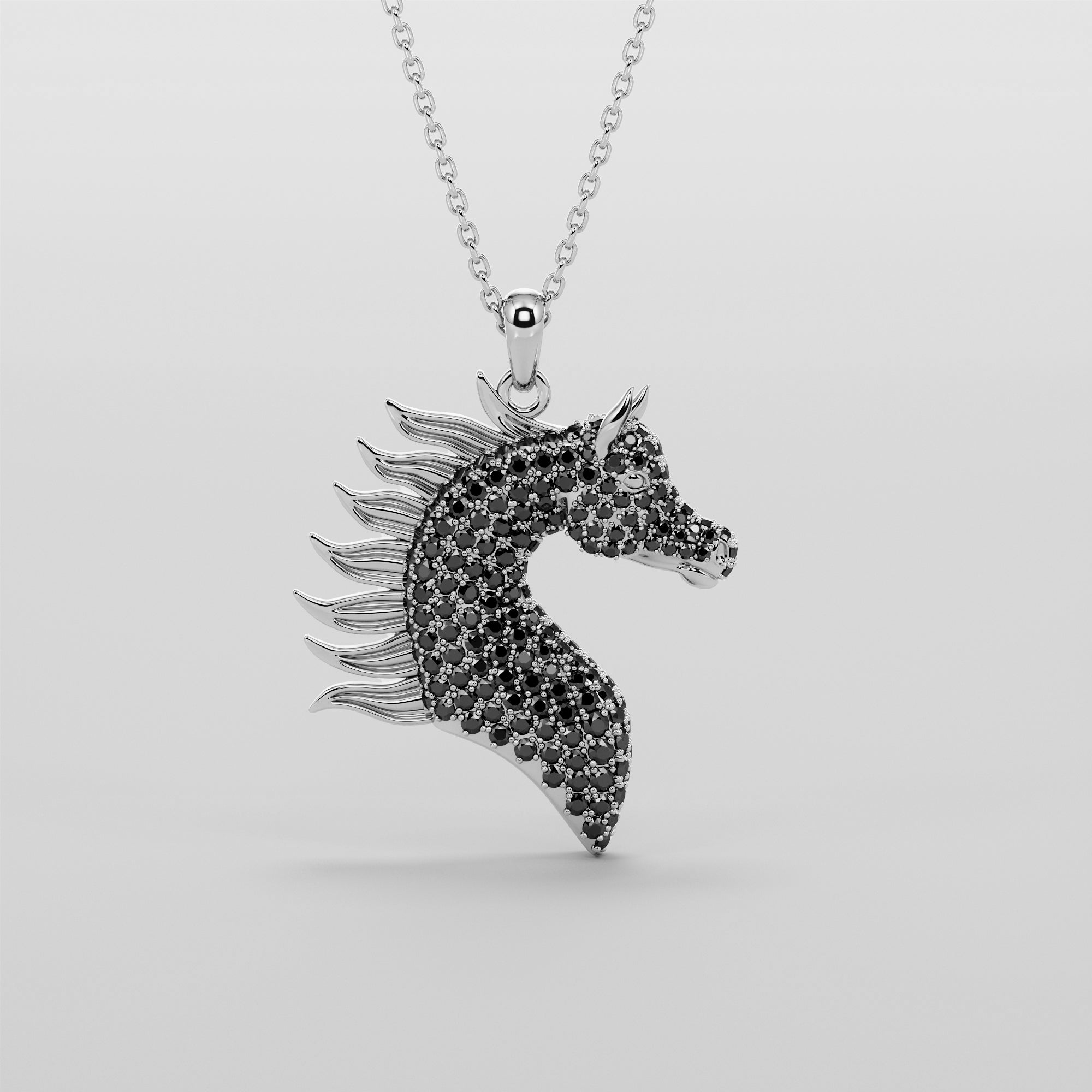 Horse Head Necklace And Mane With Black Diamonds - Gold