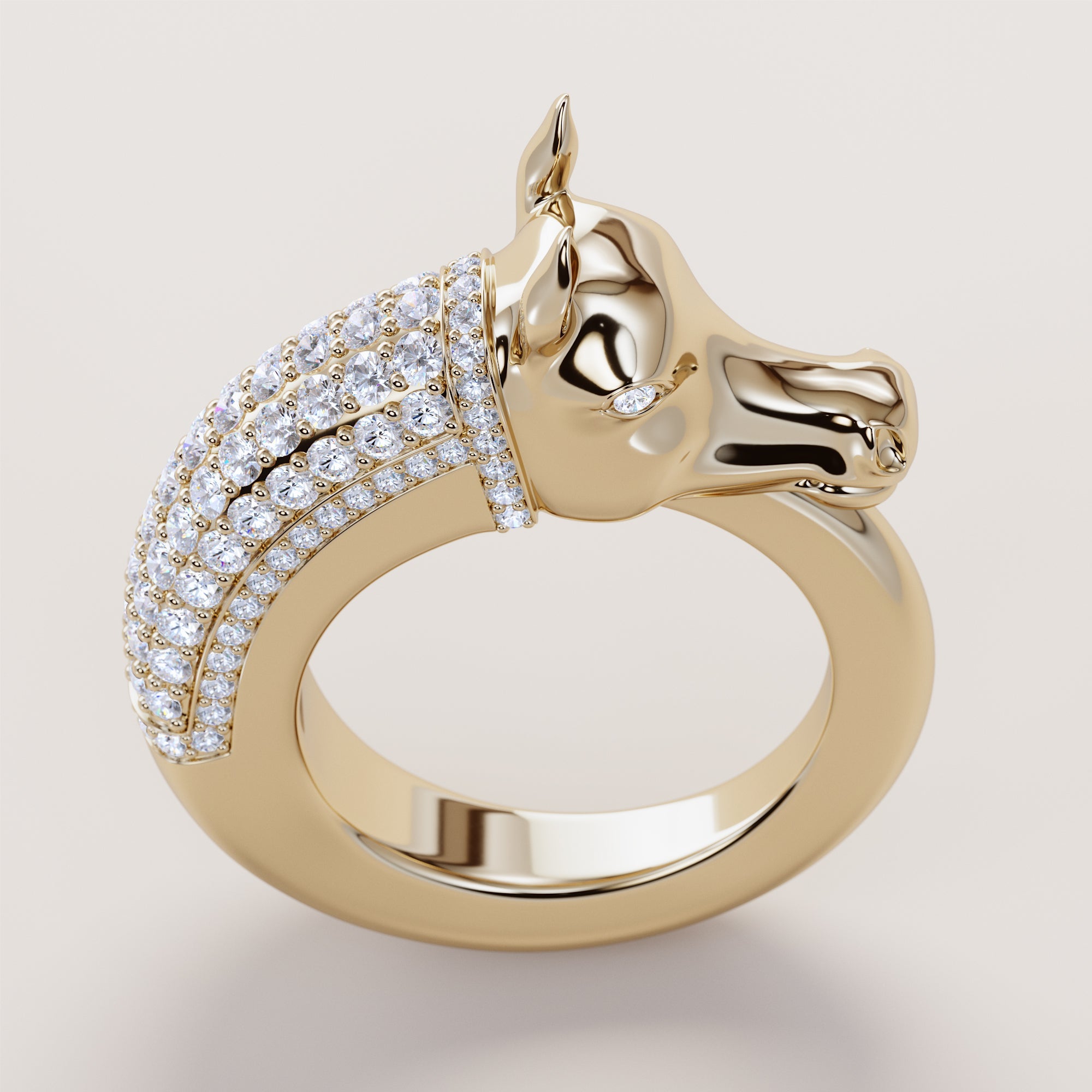 Horse Head Ring With White Diamonds - Gold