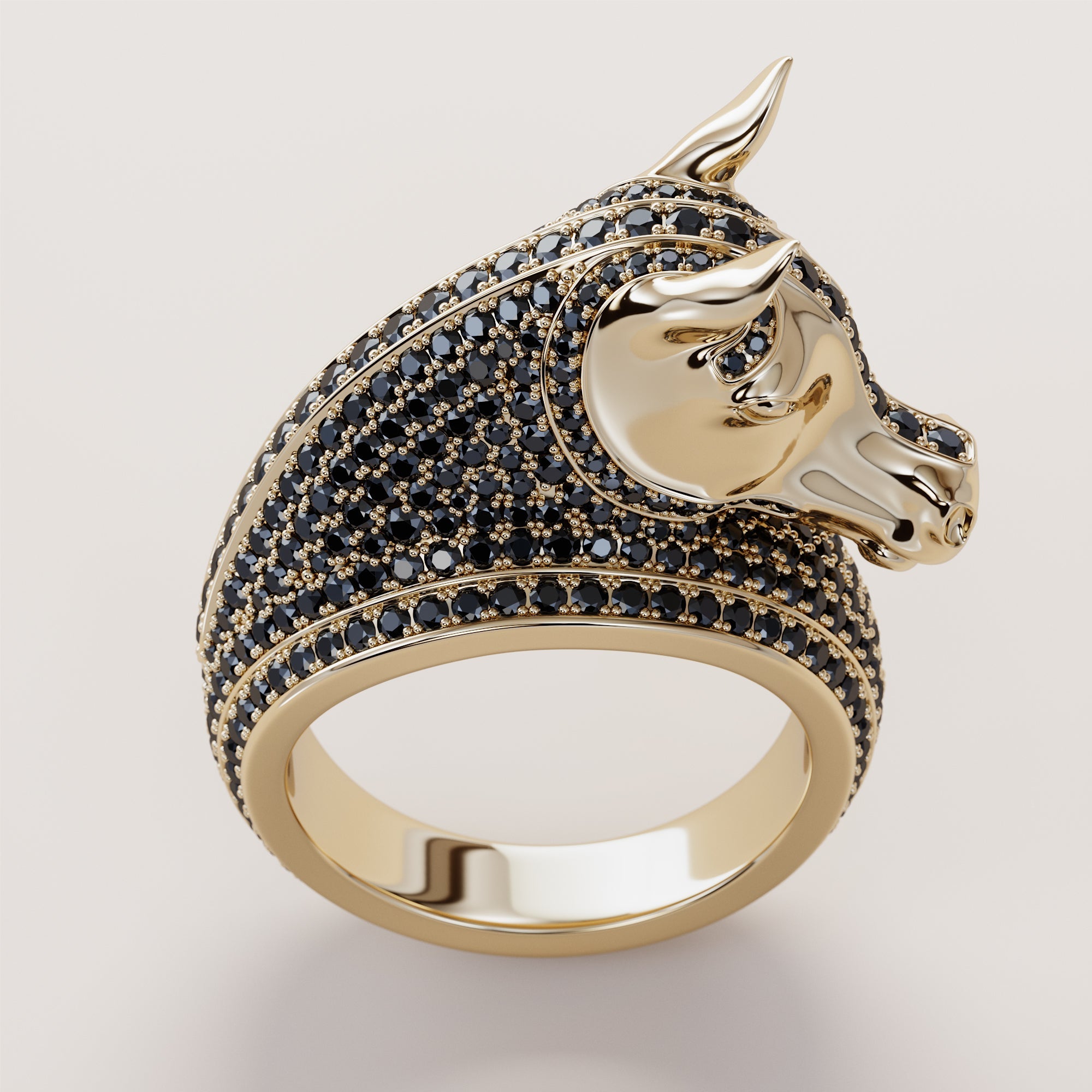 Horse Head And Neck Ring With Black Diamonds - Gold