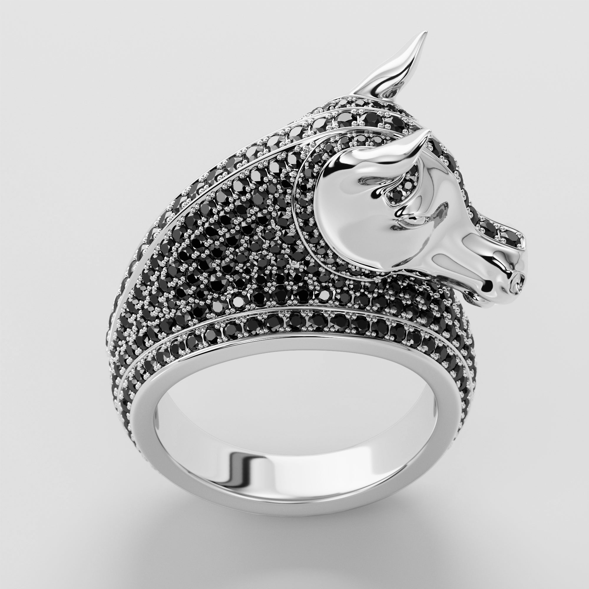 Horse Head And Neck Ring With Black Diamonds - Gold