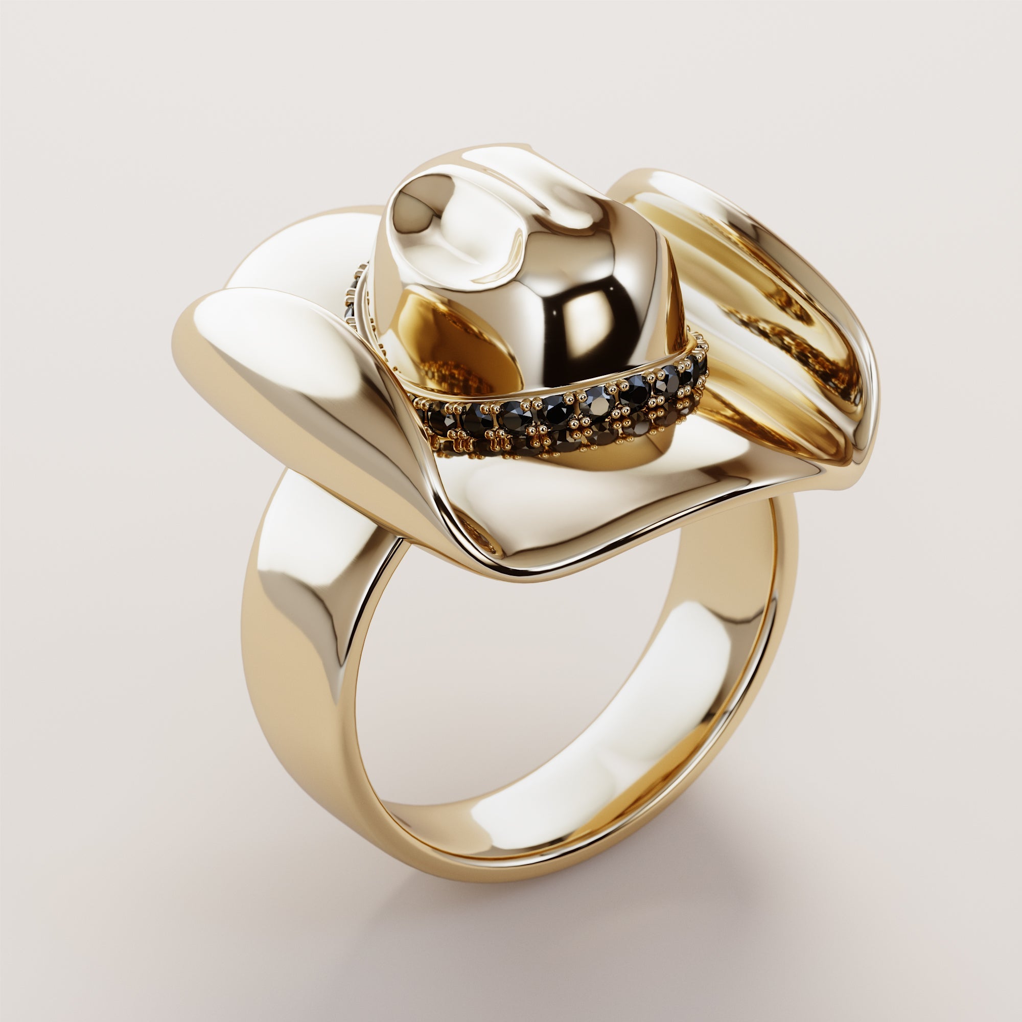 Cowboy Hat Ring With Black Diamonds - Gold