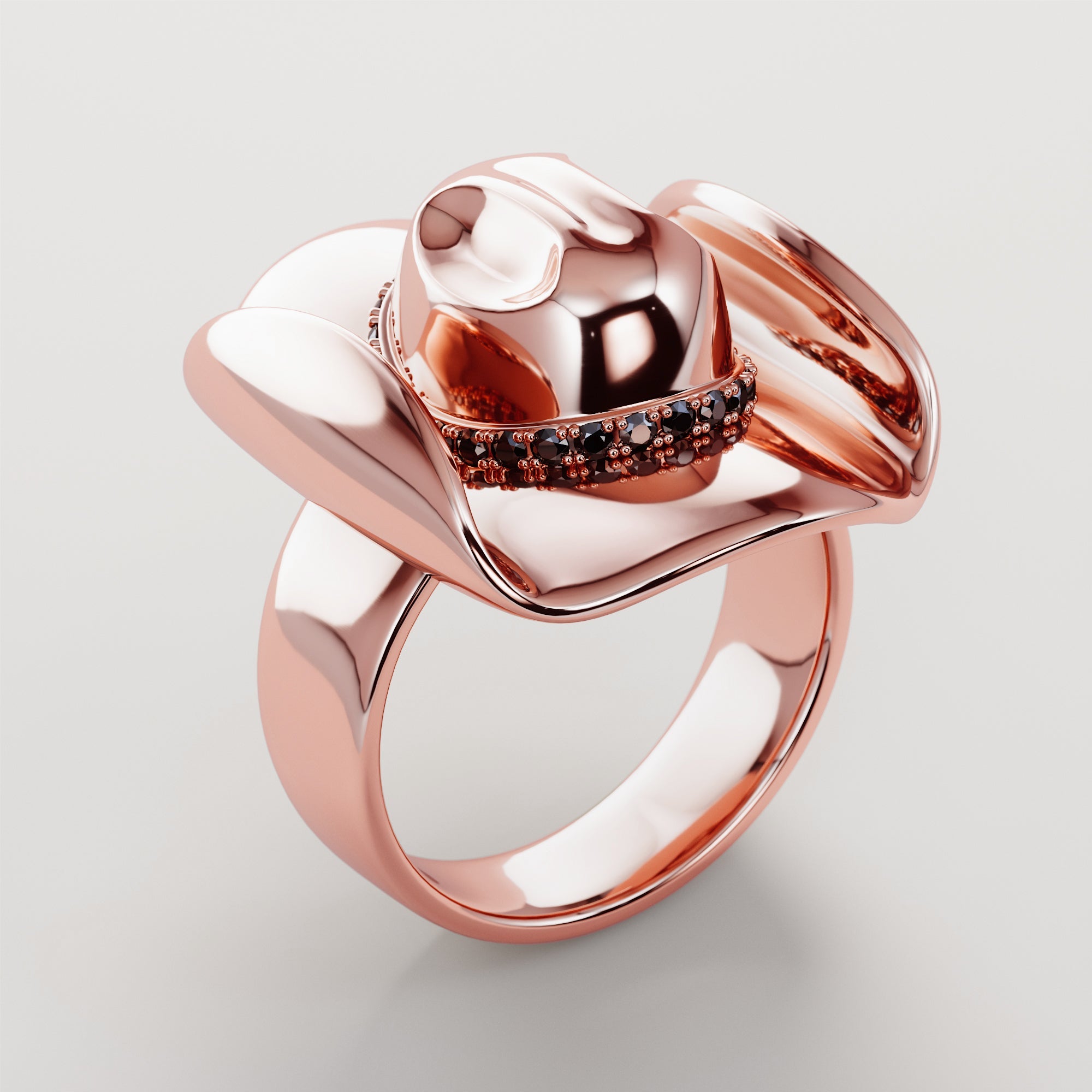 Cowboy Hat Ring With Black Diamonds - Gold