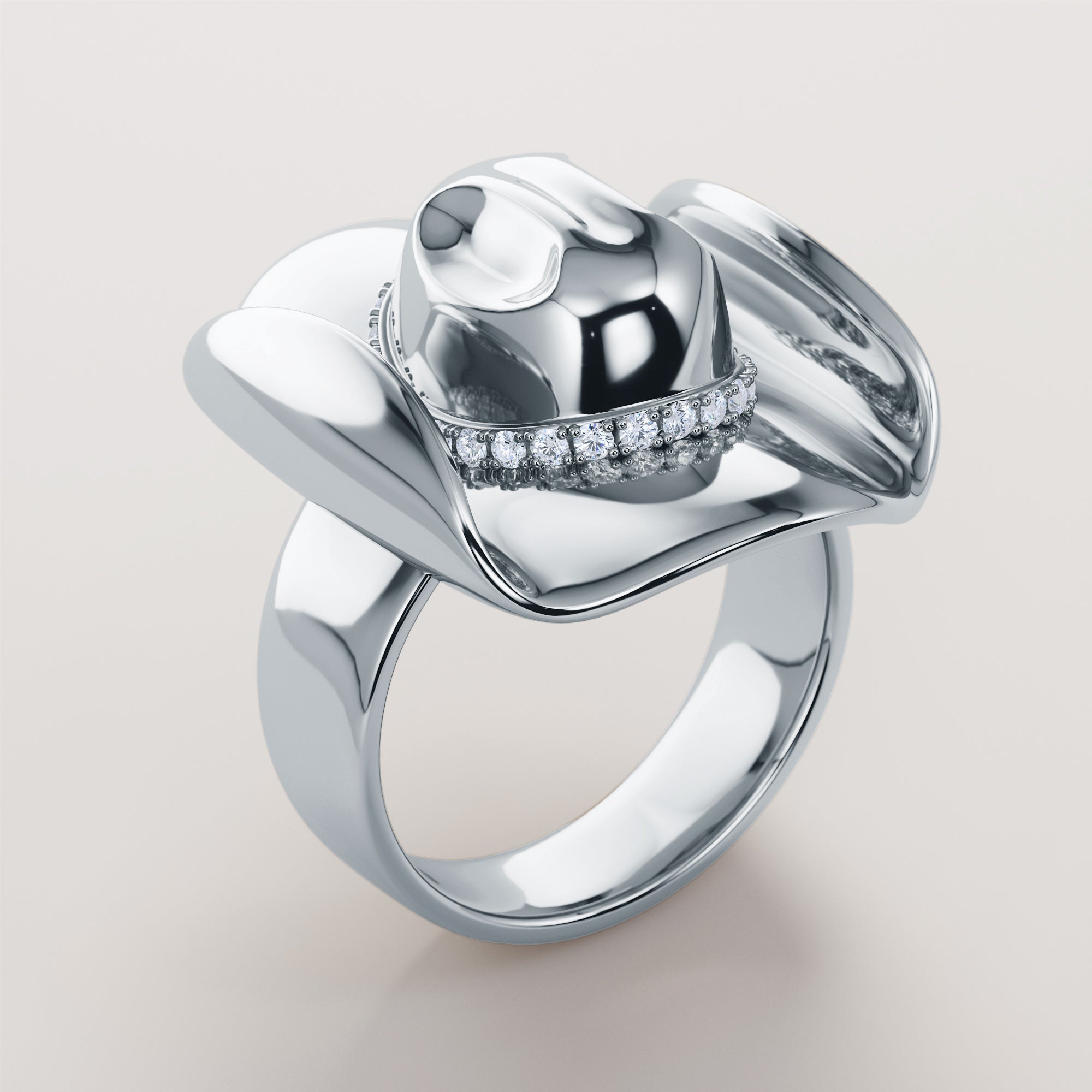 Cowboy Hat Ring With White Diamonds - Gold