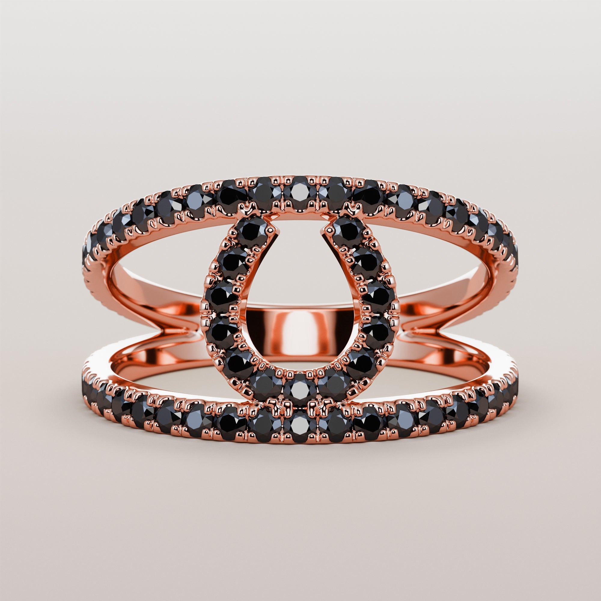 Hoof Ring With Stripe And Black Diamonds - Gold