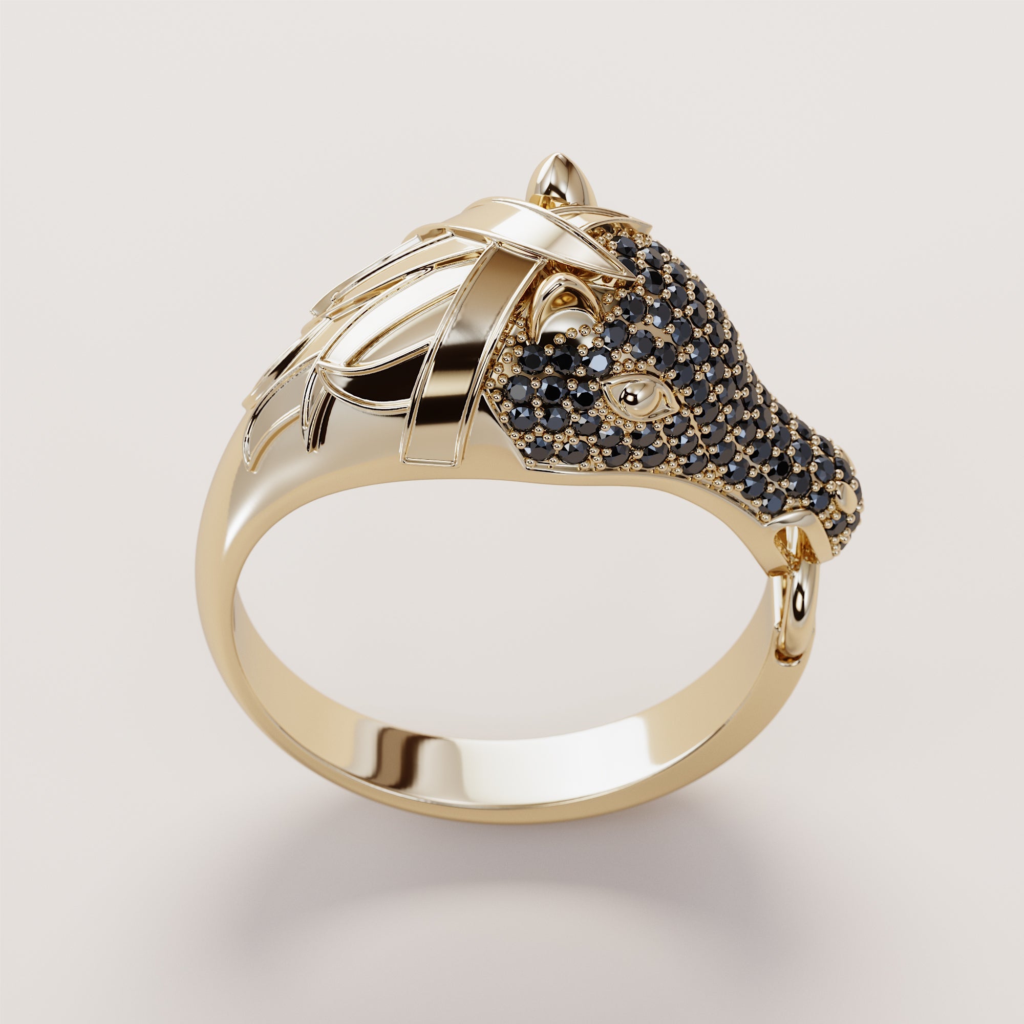 Horse Head Ring Full Black Diamonds - Gold