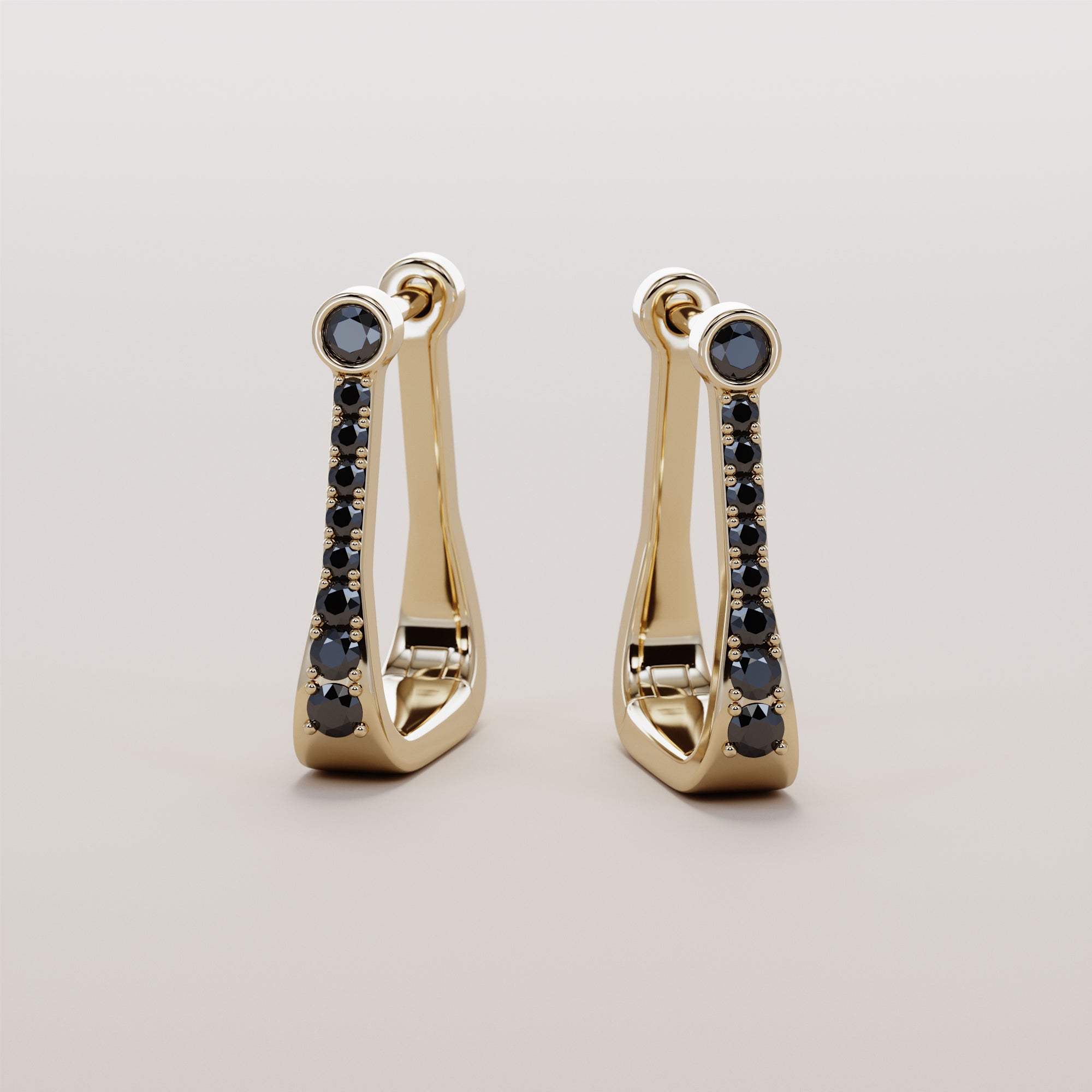 Western Stirrups Earrings With Black Diamonds - Gold