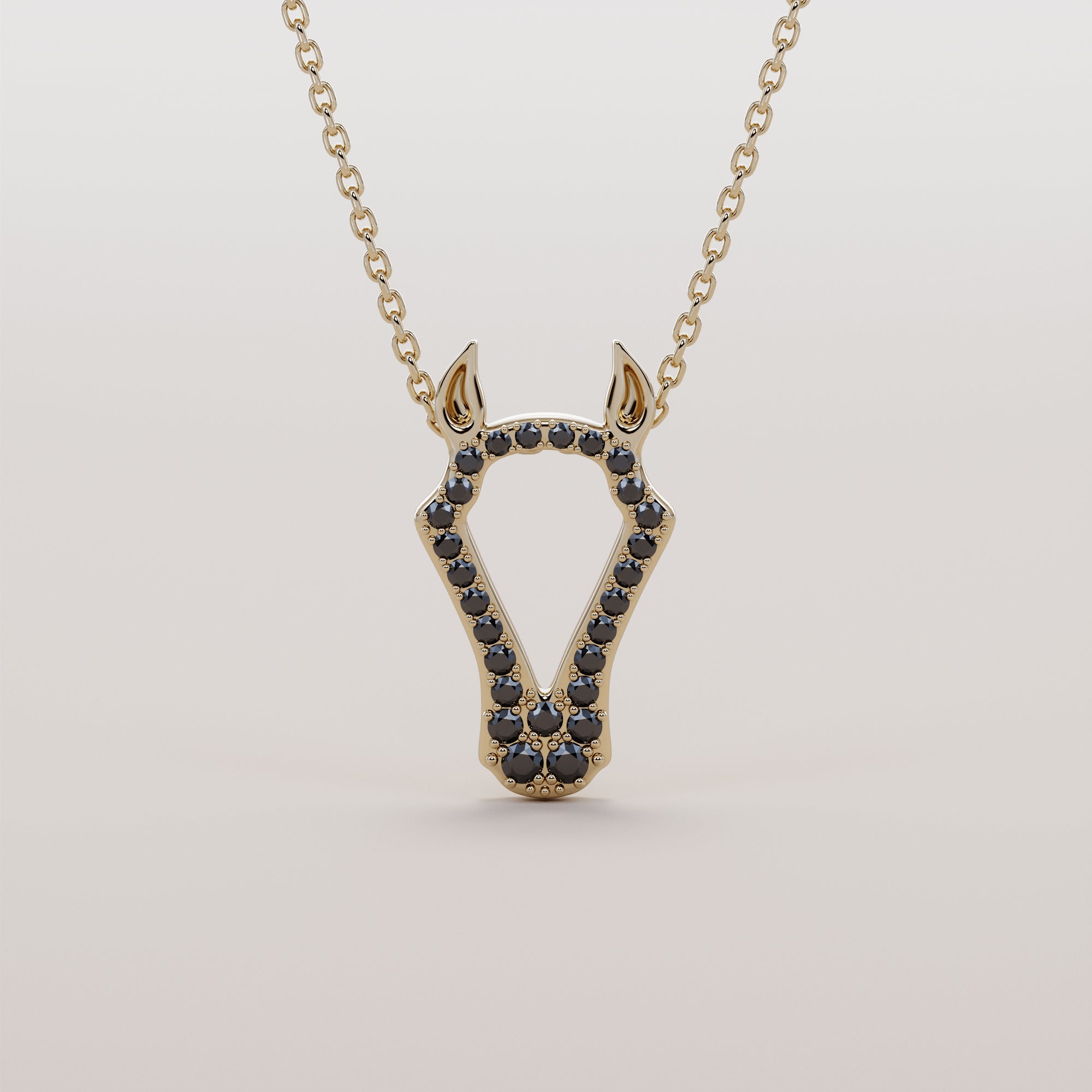 Horse Head Necklace With Black Diamonds - Gold