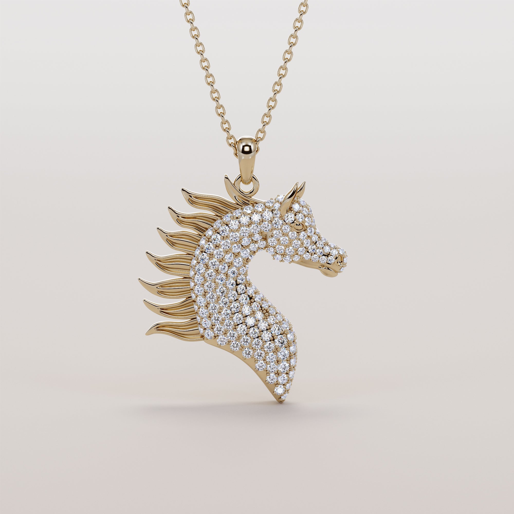 Horse Head Necklace And Mane With White Diamonds - Gold