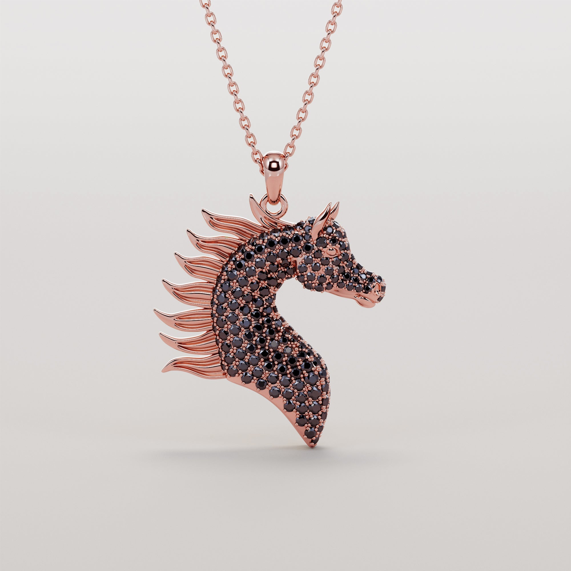 Horse Head Necklace And Mane With Black Diamonds - Gold