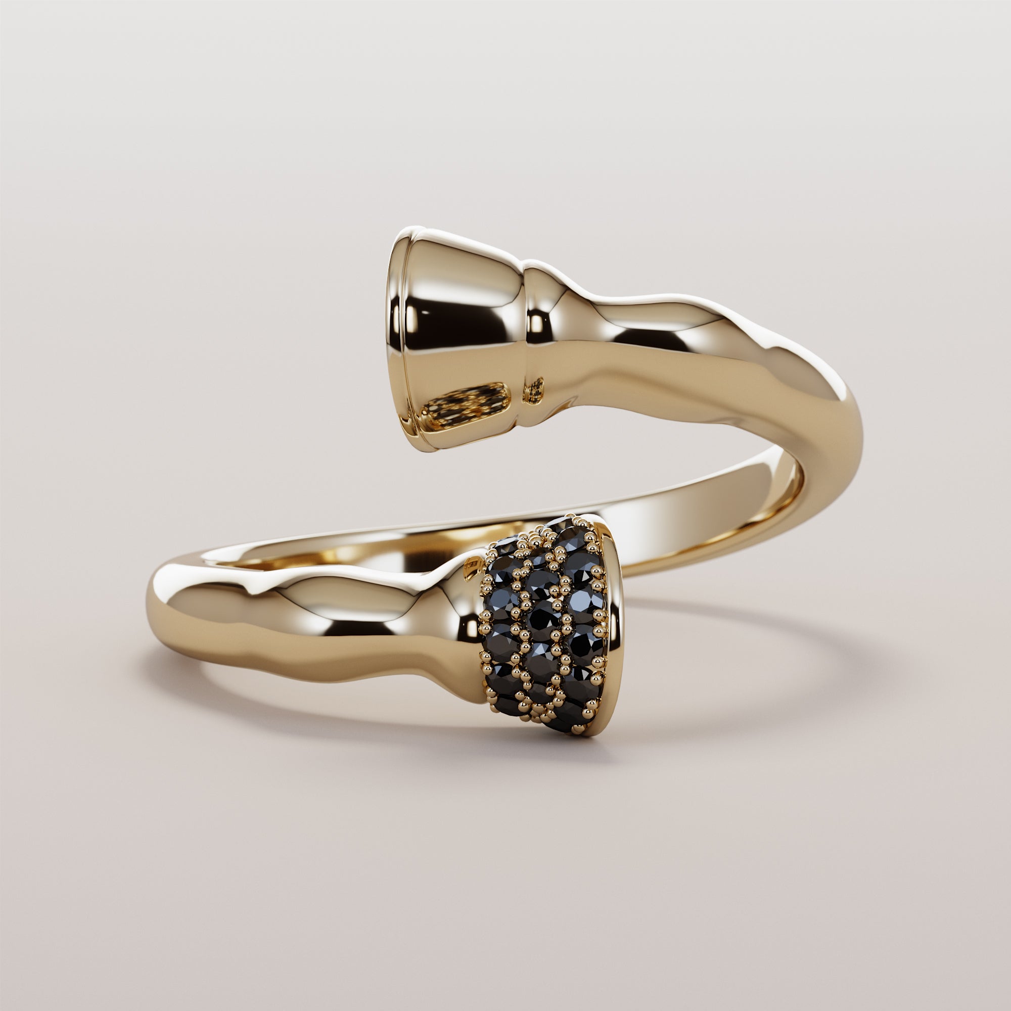 Horse Leg Ring With Hoof  Black Diamonds - Gold