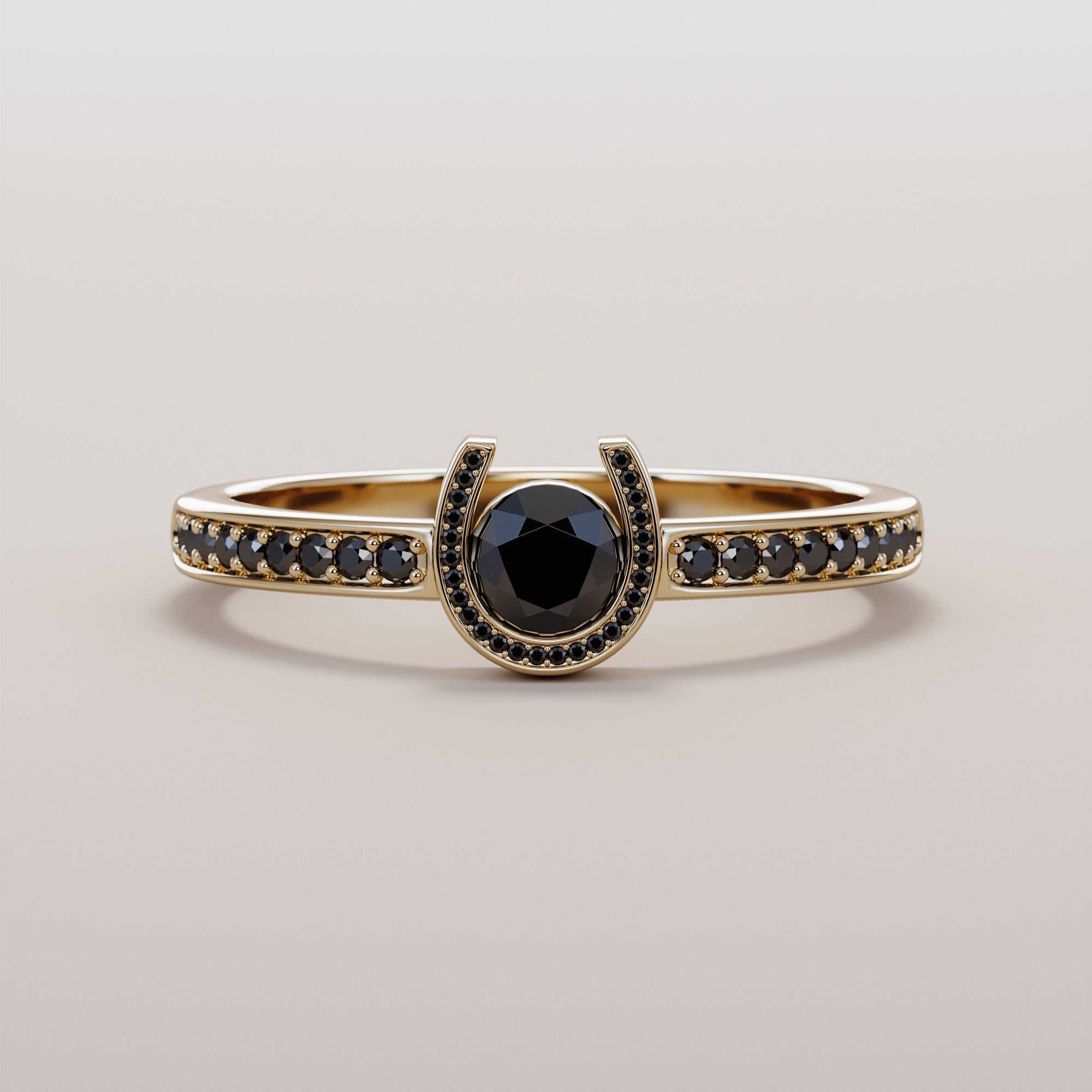 Hoof Ring With Central Black Diamond - Gold