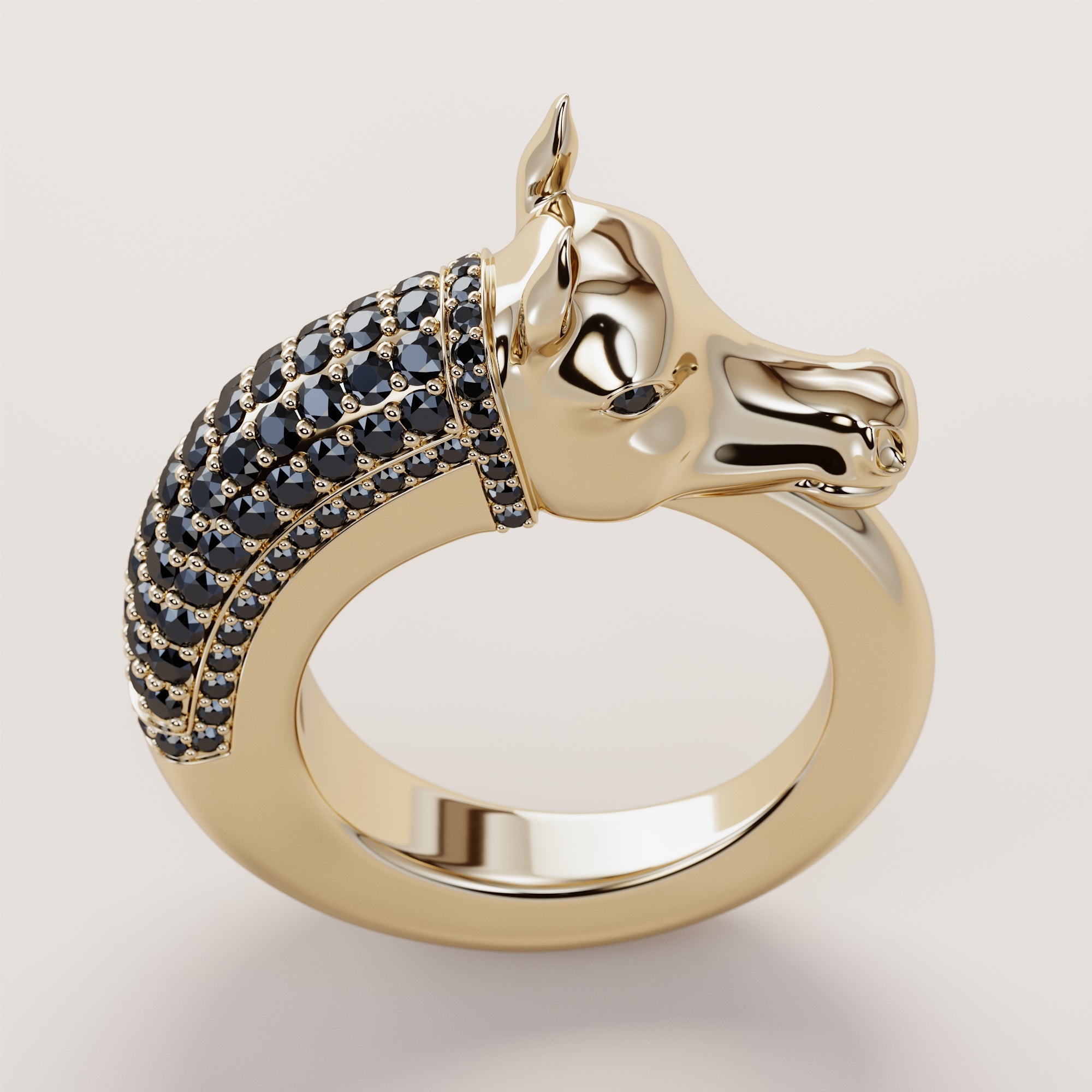 Horse Head Ring With Black Diamonds - Gold