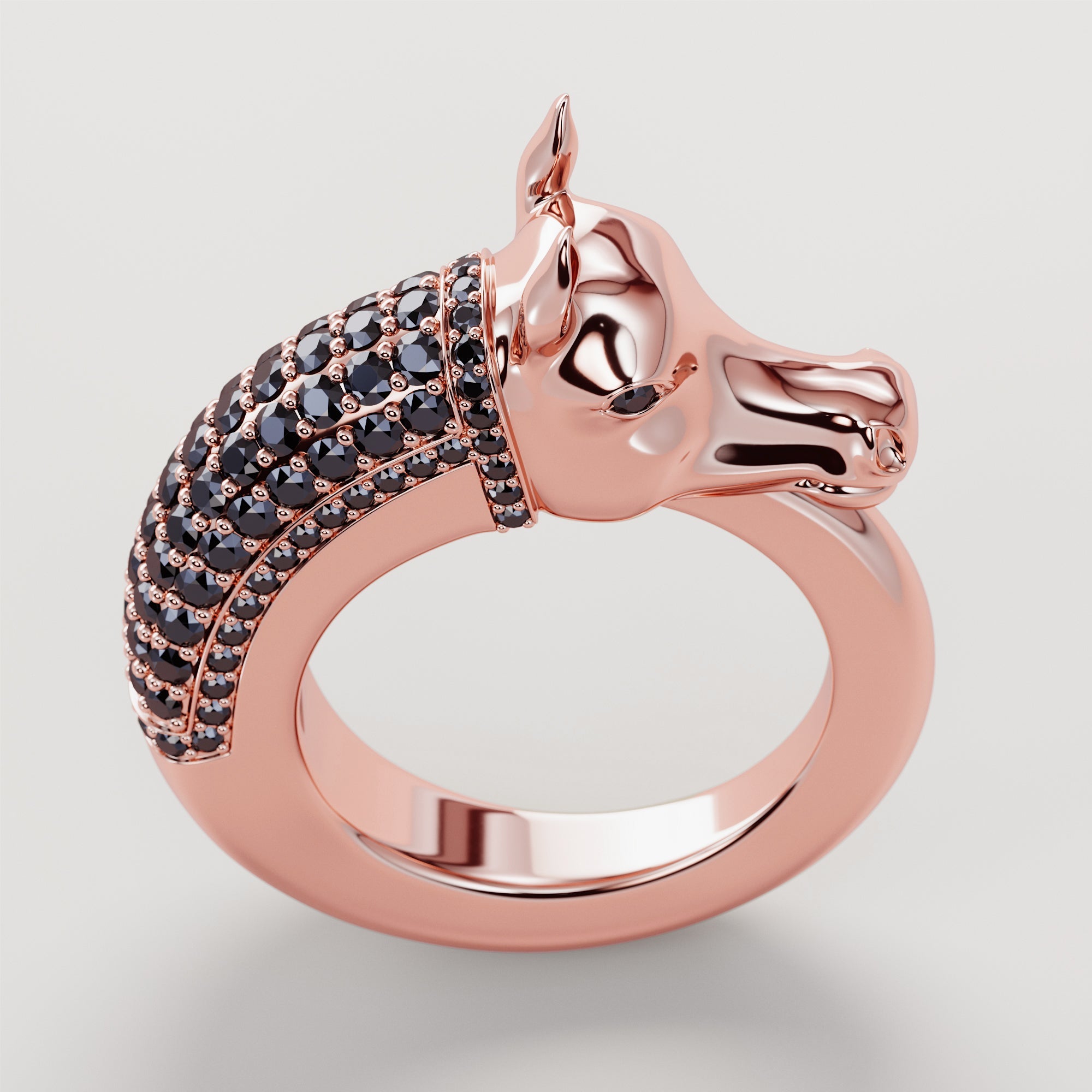 Horse Head Ring With Black Diamonds - Gold