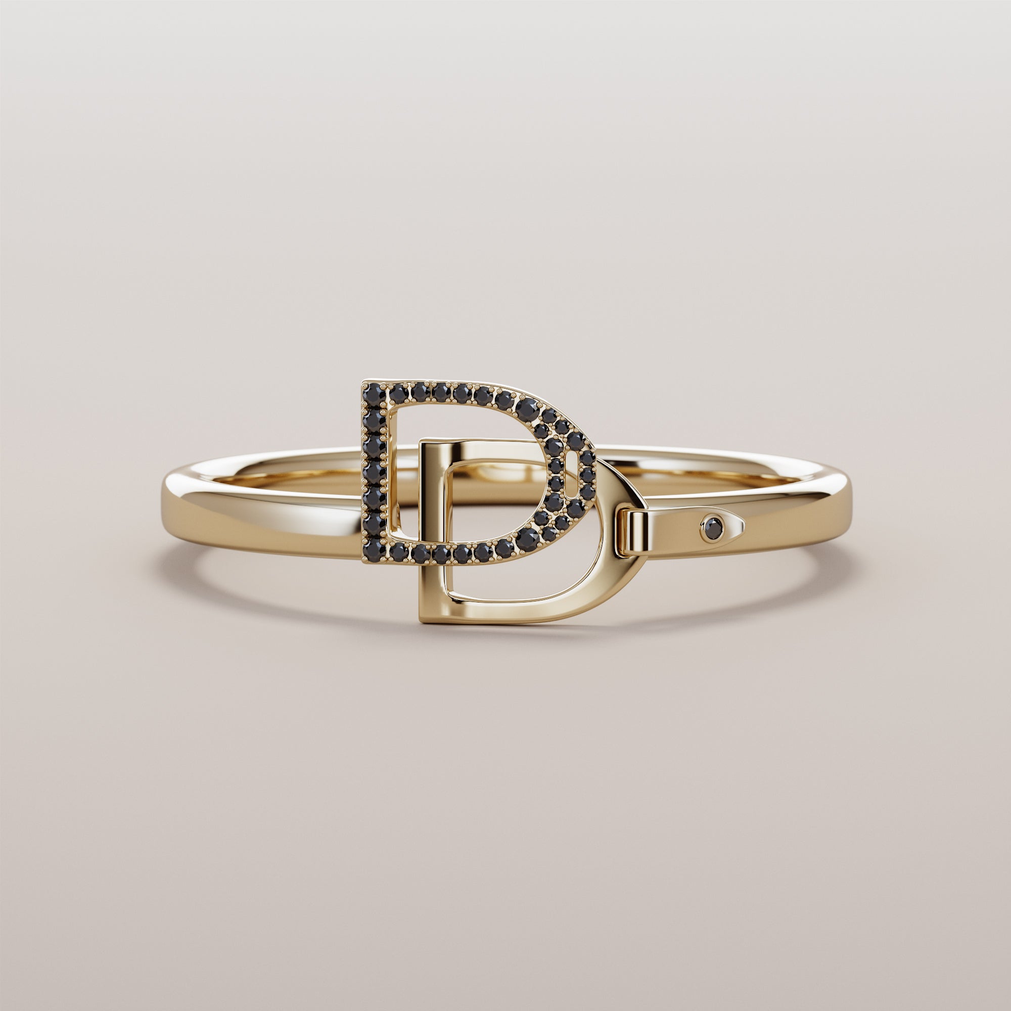 English Stirrups Ring With Black Diamonds - Gold