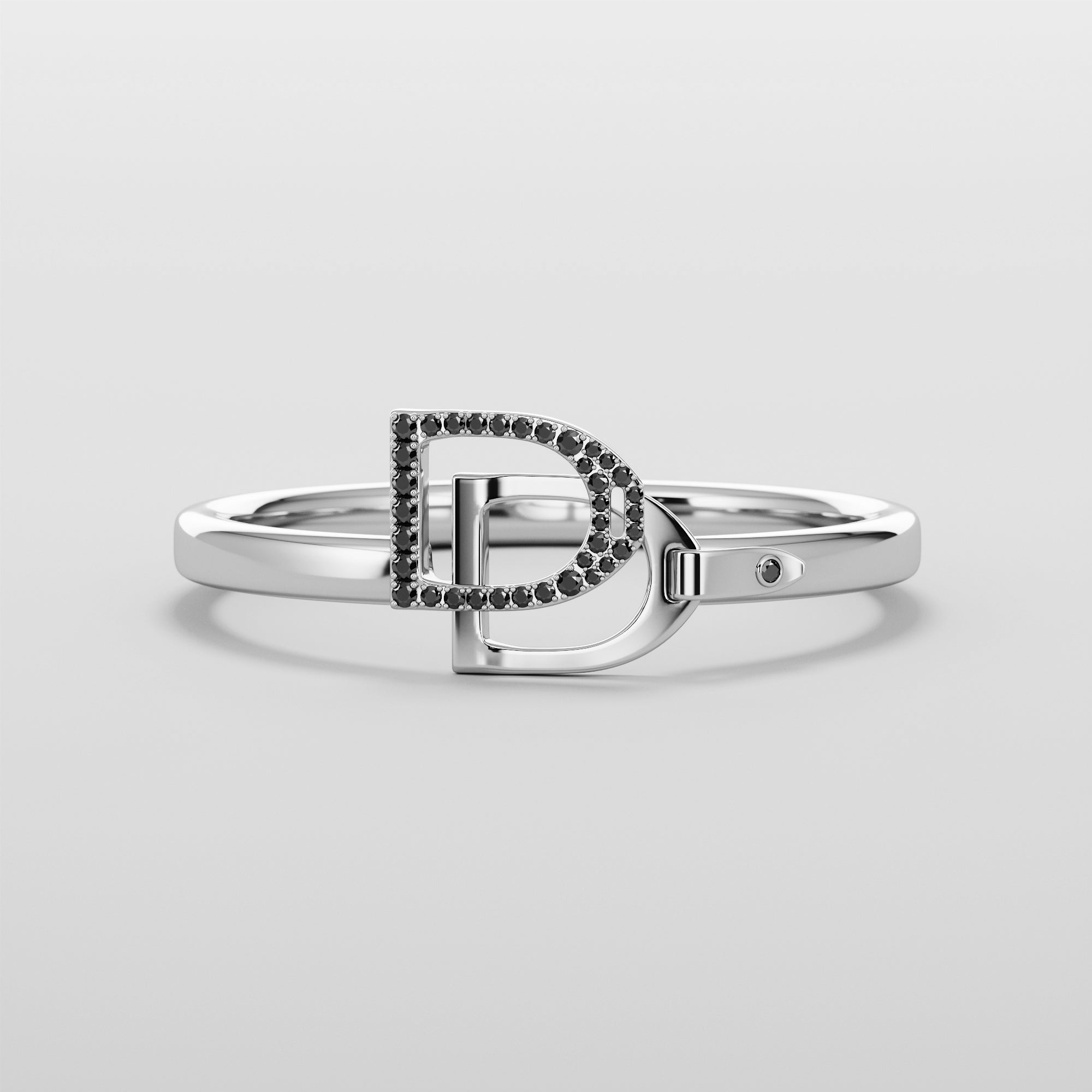English Stirrups Ring With Black Diamonds - Gold