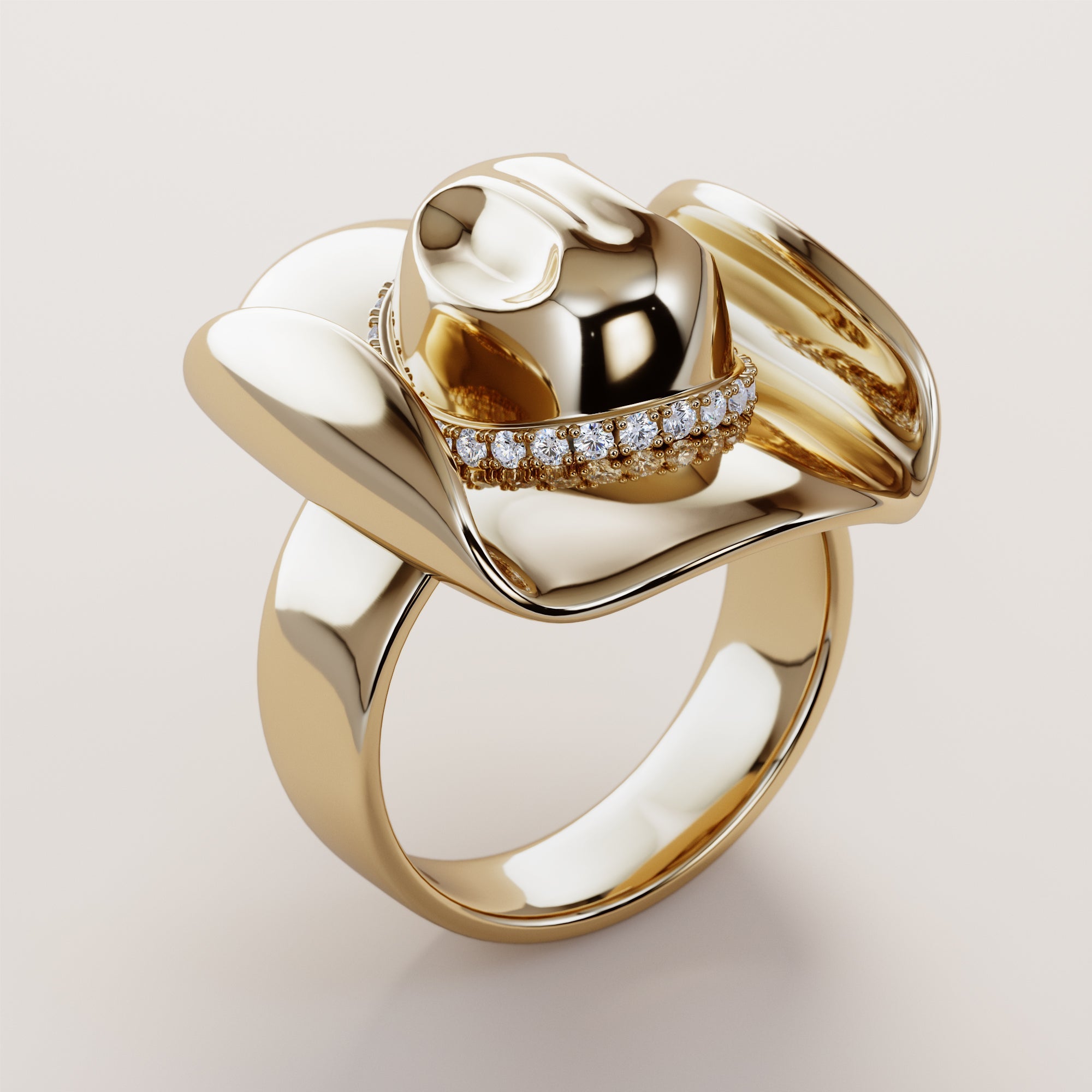 Cowboy Hat Ring With White Diamonds - Gold