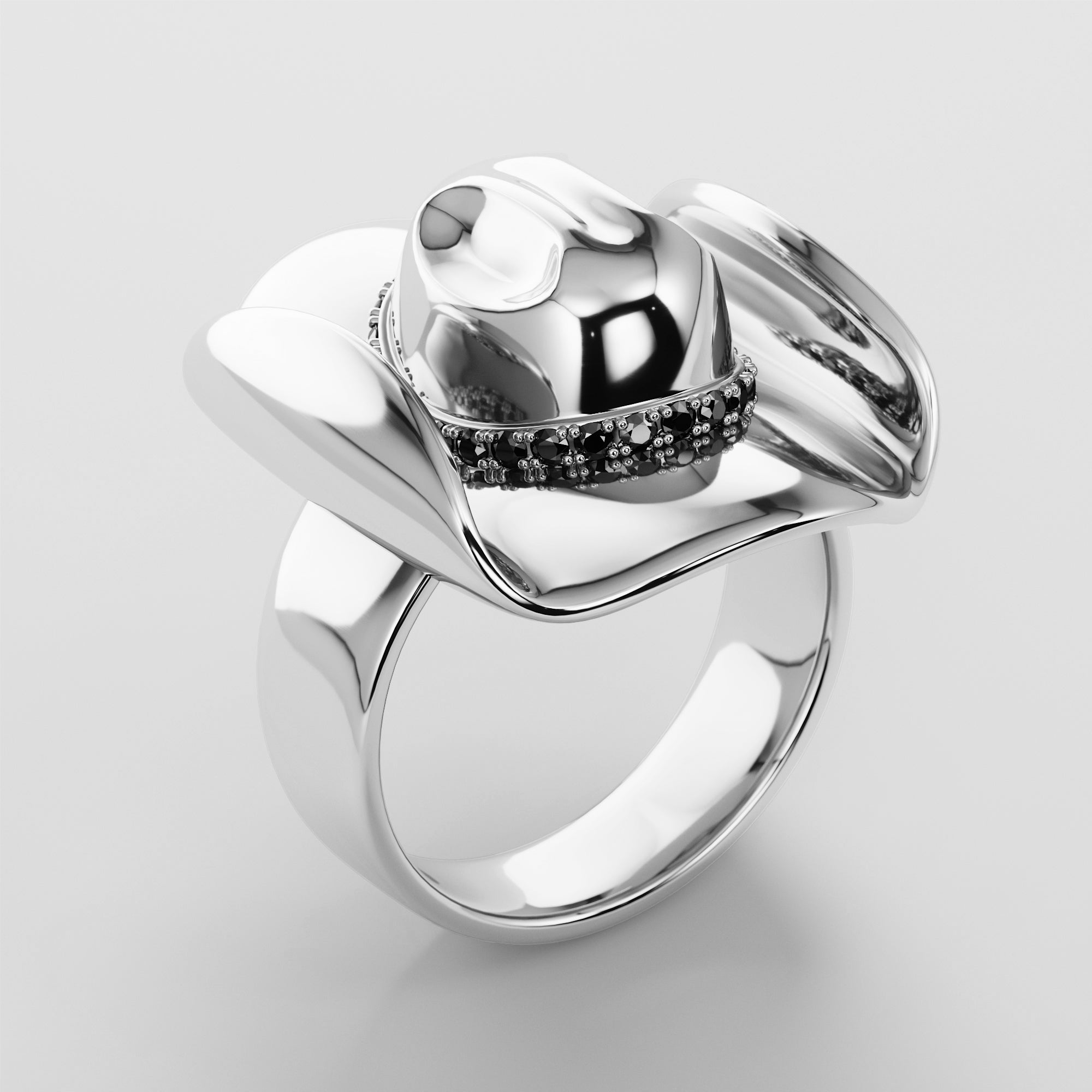 Cowboy Hat Ring With Black Diamonds - Gold